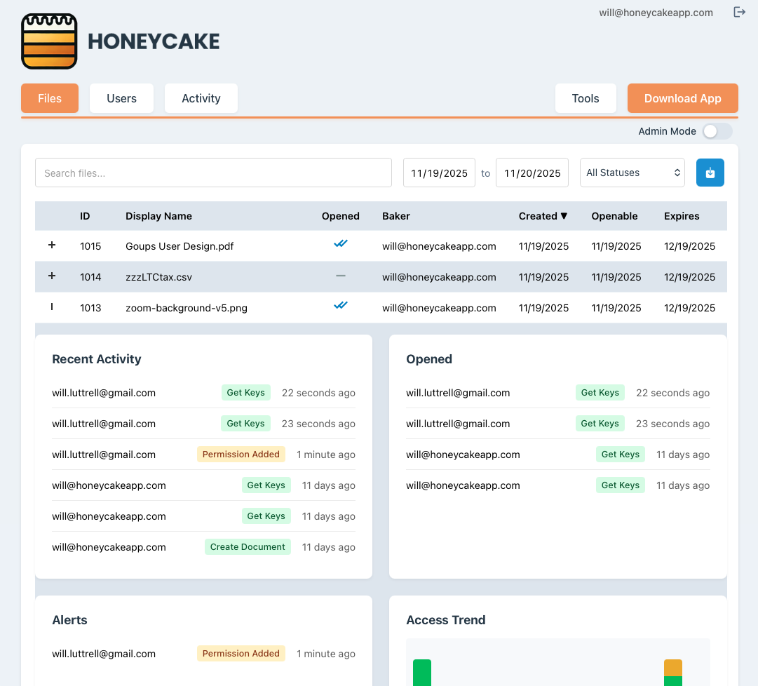 Honeycake Dashboard / User Portal interface