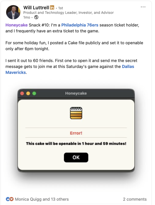 Honeycake Snack #10 - 76ers ticket giveaway via .cake file