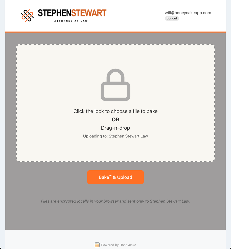 Uploader interface showing file upload drop zone for Stephen Stewart Attorney at Law