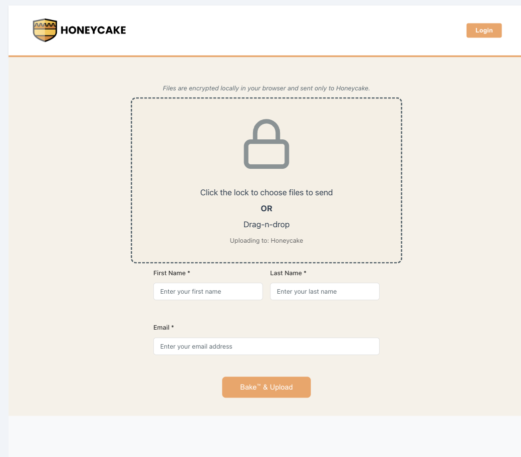 Honeycake Uploader portal: encrypted drop zone where anyone can send you files, baked in the browser