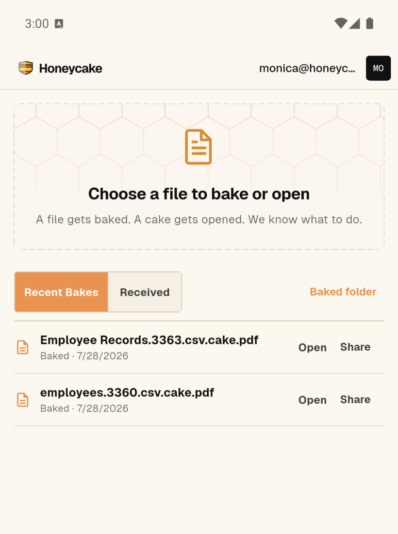 Honeycake 5.0 on Android: choose a file to bake or open