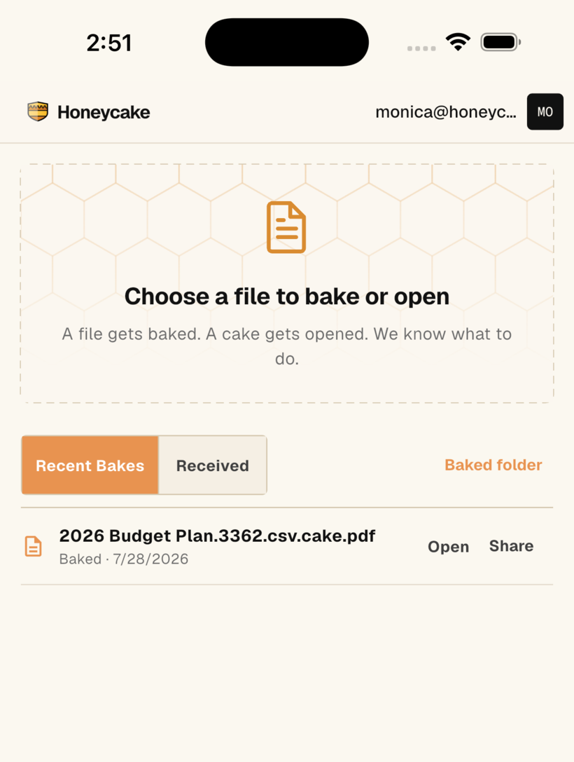 Honeycake 5.0 on iPhone: choose a file to bake or open