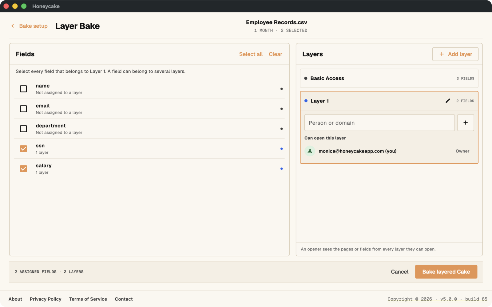 Layer Bake in the Honeycake 5.0 desktop app: fields assigned to layers, each layer with its own openers
