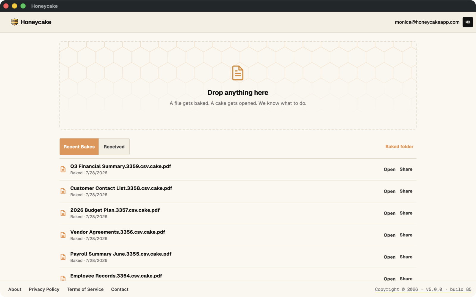 The main interface: drop anything here, with your recent bakes below
